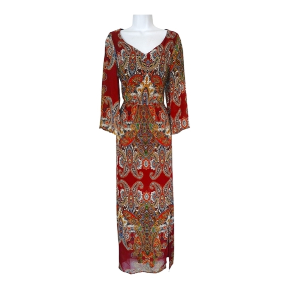 Vintage Red Rust Patterned Maxi Dress Medium - Picture 1 of 2